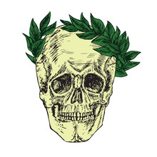 Skull In Laurel Crown, Hand Drawn Doodle, Sketch In Woodcut Style, Vector Illustration