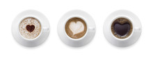 Heart Shape, Love Symbol On Black Hot Coffee Cup, Lover Sign On Coffee Cup Of LATTE, Cappuccino, Mocha 3 Styles For Coffee Lover Isolate On White Background With Clip Path.