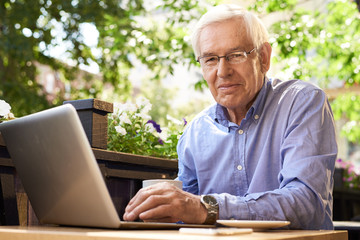 Wall Mural - Modern Senior Man Using Laptop in Outdoor Cafe