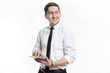 © galaganov - Businessman men with tablet in hand with a white shirt.