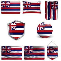 Wall Mural - Set of the national flag of Hawaiian islands in different designs on a white background. Realistic vector illustration.