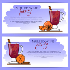 Wall Mural - Mulled wine banner. Hot red wine with cinnamon, orange, star anice. Flat line art stile.