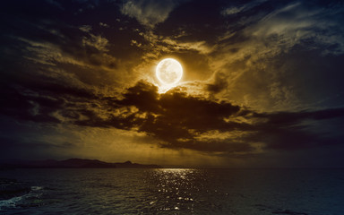 Poster - Rising yellow full moon in dark night sky with reflection in water