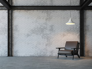 loft style living room 3d rendering image.there are white brick wall,polished concrete floor and bla