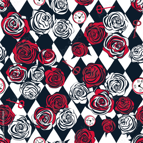 Red and white roses, key and clock on