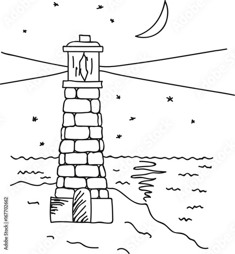 Hand drawn vector illustration lighthouse on sea coast, night sky