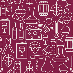 Wine bar seamless pattern for restaurant menu of natural alcohol drinks. Vector illustration with thin line icons related with wine making and winery.