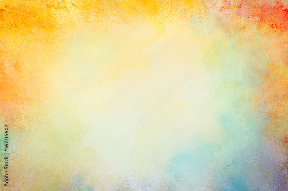 watercolor paint background design with colorful borders and white center, watercolor bleed and fringe with vibrant distressed grunge texture - obrazy, fototapety, plakaty 