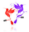 Stylized hummingbirds made with splashes of nail polish flies out of bottlen on white background