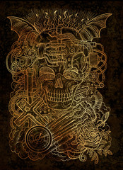 Wall Mural - Mystic illustration with scary skull, steampunk and gothic symbols as rose, demon wings, cross, cogs and wheels on texture background