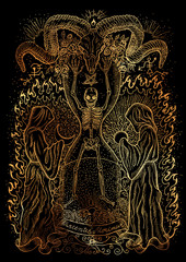 Wall Mural - Mystic illustration with human skeleton, monks and spiritual symbols on black background. Occult and esoteric drawing