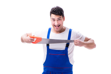 Man repairman with hand saw on white background isolated