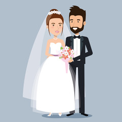 Poster - beautiful young bride and groom couple holding hands on wedding day vector illustration