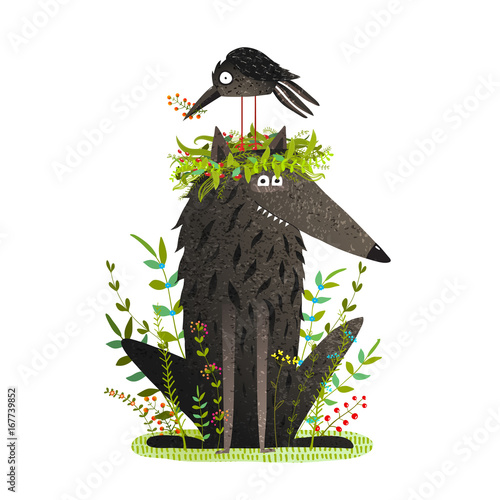 Fotografie, Tablou Black Wolf and Crow Sitting on Head Friendship
