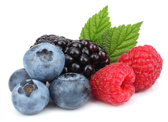 mix of blueberries, blackberries, raspberries isolated on white background