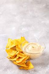 Hummus and nachos on a gray background.