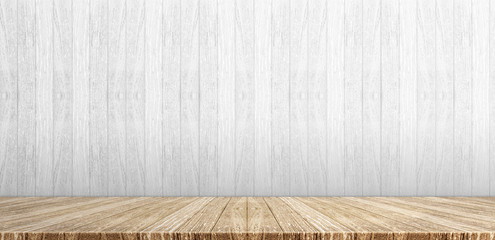 Sticker - Wood plank table top at white painted wooden wall background,Mock up for display or montage of product,Banner or header for advertise on social media