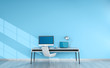Modern blue desktop interior with devices 3D rendering