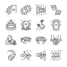 Casino And Gamble Line Icon Set. Included The Icons As Cards, Dice , Lotto, Poker, Slot Machine, Jackpot And More.