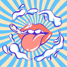 Pop Art Retro Lips With Marijuana Joint And Clouds Of Smoke, Vector Illustration, Vintage Banner