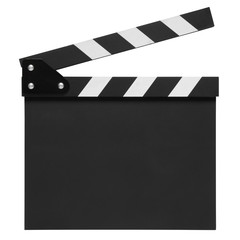 open blank black clapper board on top view vintage white wood table for the action scene or filming and shooting movie or cinema production included clipping path
