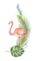 Wall Mural - Watercolor card of tropical leaves and the pink Flamingo isolated on white background.