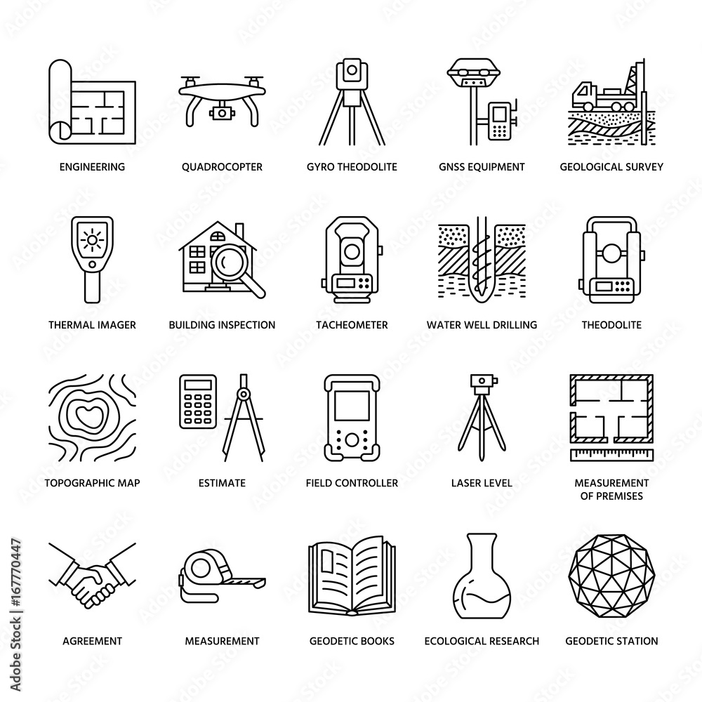 Geodetic survey engineering vector flat line icons. Geodesy equipment, tacheometer, theodolite, tripod. Geological research, building measurement inspection illustration. Construction service signs. - obrazy, fototapety, plakaty 