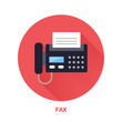 Black fax phone with paper page flat style icon. Wireless technology, office equipment sign. Vector illustration of communication devices for electronics store.