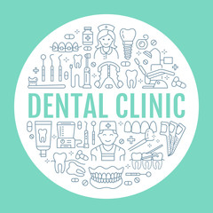 Wall Mural - Dentist, orthodontics medical banner with vector line icon of dental care equipment, braces, tooth prosthesis, veneers, floss, caries treatment. Health care thin linear poster for dentistry clinic.