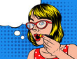 A Girl with a short hair doing make up. Woman in glasses holds a hand with lipstick near the mouth . Illustration with a girl and speech bubble in pop art style.