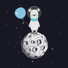 Canvas Print - cute bear with balloon stand on moon