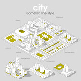 Fototapeta Perspektywa 3d - 3d vector Isometric info graphic city streets with different buildings, houses, shops and skyscrapers. Line style.