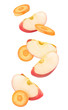 Isolated cut fruits in the air. Falling slices of carrot and red apple isolated on white background with clipping path