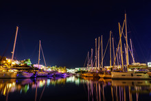 Boats in harbour at night
