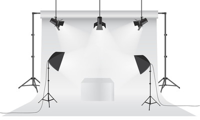 Wall Mural - Empty photo studio. Realistic 3D white backdrop paper with tripod mock up design. Gray background.