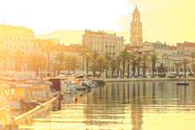 Split City At Golden Hour With Boats Moored In Its Harbor - Dalmatia, Croatia