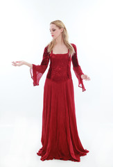 Wall Mural - beautiful lady with long blonde hair wearing a red medieval fantasy gown. standing, isolated on whit