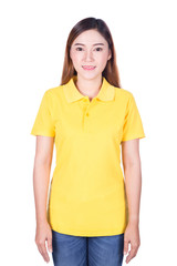 Wall Mural - woman in yellow polo shirt isolated on white background