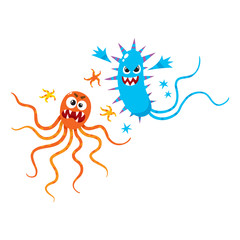 Wall Mural - Couple of ugly virus, germ, bacteria characters with spikes and tentacles, cartoon vector illustration on white background. Scary bacteria, virus, germ monsters with human faces and sharp teeth
