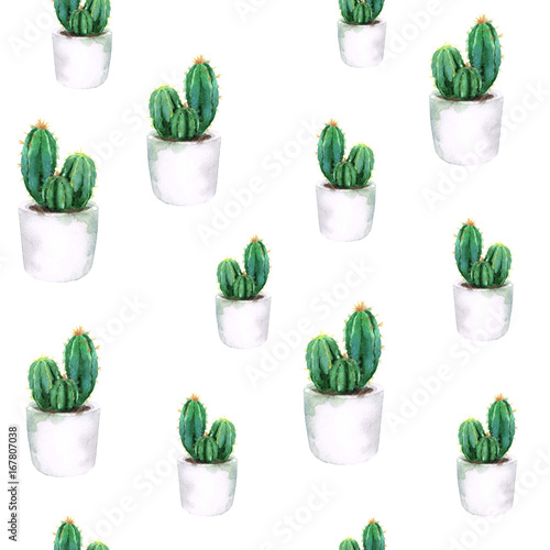 Jalousie-Rollo - watercolor seamless pattern with green cactus in white pot with orange sun isolated on white background (von Darina)