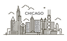 Linear Banner Of Chicago City. Line Art.