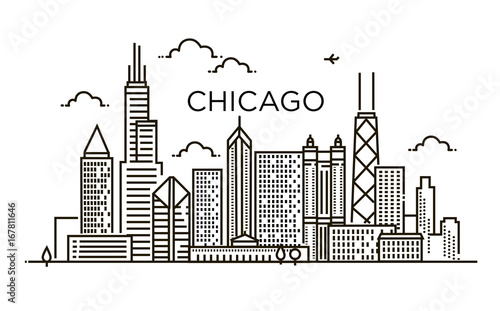 Valokuvatapetti Linear banner of Chicago city. Line art.
