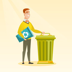 Sticker - Young caucasian happy man carrying recycling bin. Smiling man holding recycling bin while standing near a trash can. Concept of waste recycling. Vector flat design illustration. Square layout.