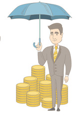 Wall Mural - Caucasian business insurance agent. Insurance agent holding umbrella over coins. Business insurance and business protection concept. Vector sketch cartoon illustration isolated on white background.