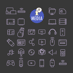 Aufkleber - Different media icons vector collection. Web and mobile app outline icons set on dark background