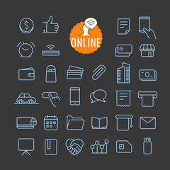 Fototapete - Different online icons vector collection. Web and mobile app outline icons set on dark background