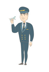 Poster - Young caucasian airplane pilot holding the model of airplane in hand. Full length of pilot in uniform with the model of airplane. Vector sketch cartoon illustration isolated on white background.