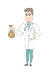 Wall Mural - Caucasian doctor showing money bag with dollar sign. Full length of young doctor in medical gown holding a money bag. Vector sketch cartoon illustration isolated on white background.