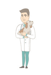 Poster - Caucasian veterinarian doctor holding a dog. Young veterinarian doctor carrying a dog. Veterinarian examining a dog. Pet care concept. Vector sketch cartoon illustration isolated on white background.