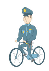 Canvas Print - Caucasian police officer on bicycle. Young police officer riding bicycle. Police officer in charge of the order and safety with bicycle. Vector sketch cartoon illustration isolated on white background